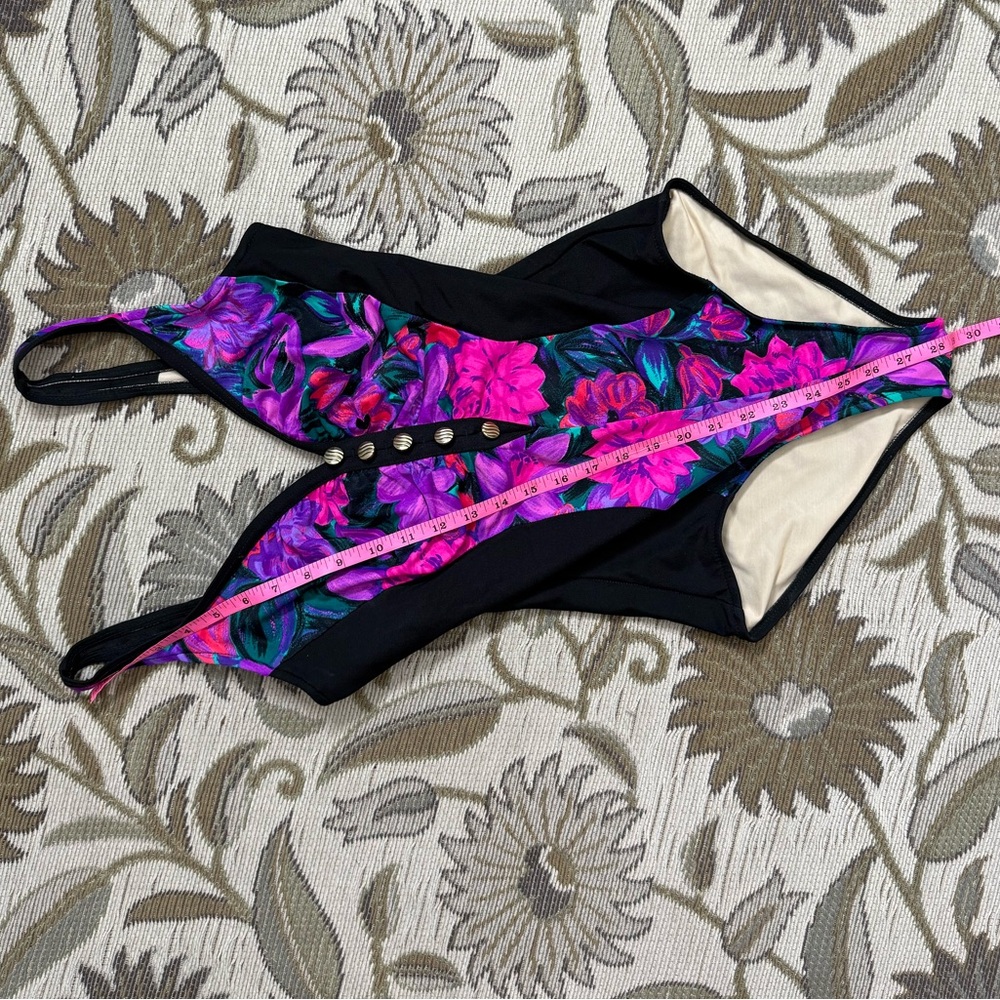 Slimsuit Vintage Swimsuit Floral One Piece Gold Button USA 12 14 - Picture 4 of 7